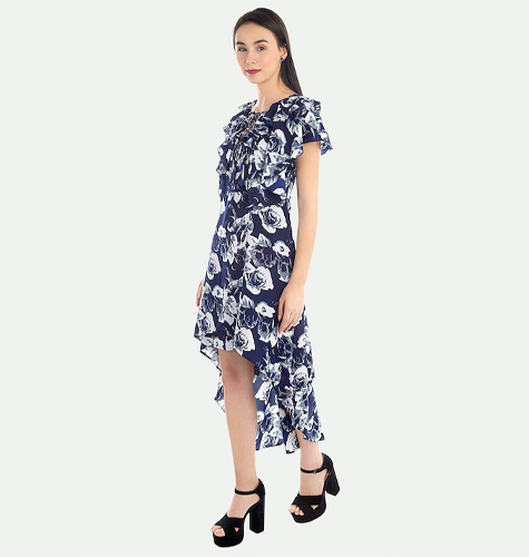 Floral Printed Tie-Up Neck High-Low Hem Midi Dress